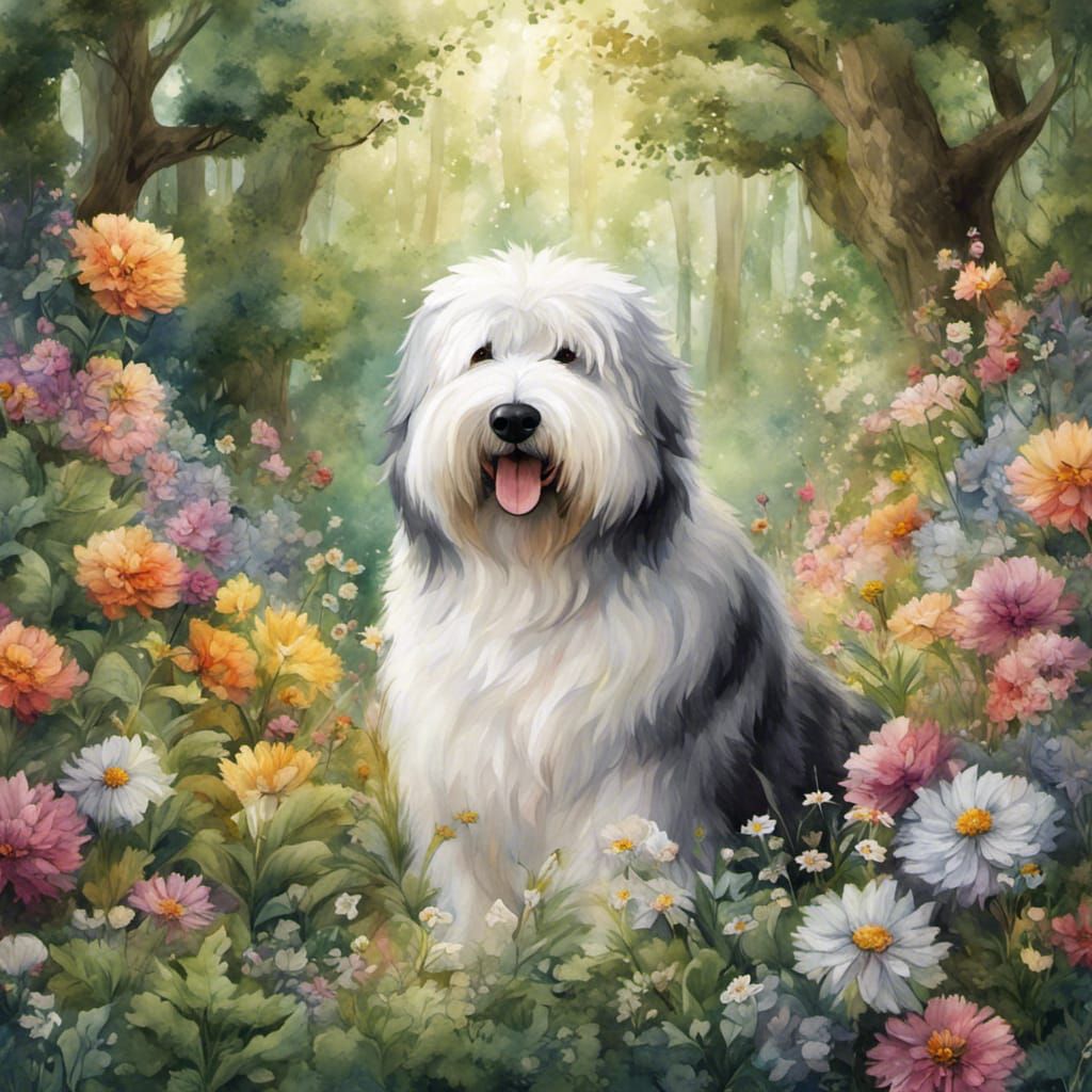 a whimsical portrait of a old English sheepdog,