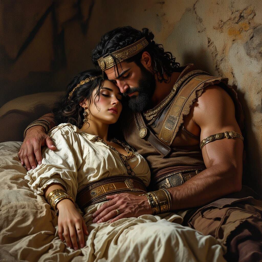 Samson and Delilah in a Rustic Room, Photorealistic