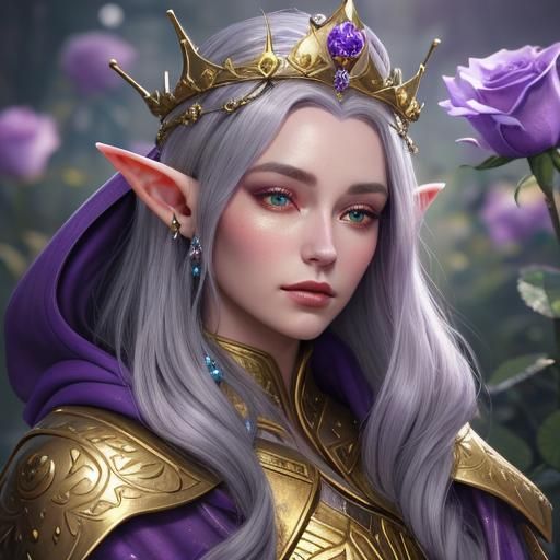 Beautiful Elf with Purple Cloak and Rose