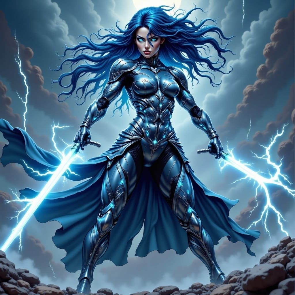 Electric Warrior Amidst Thunderstorm in Anime Style