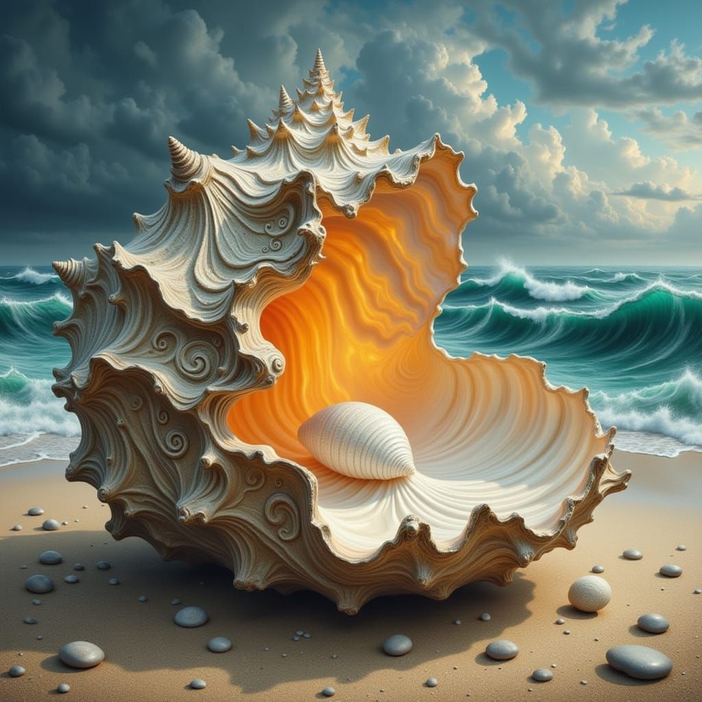 Dreamlike Seashell on a Mist-Laden Beach