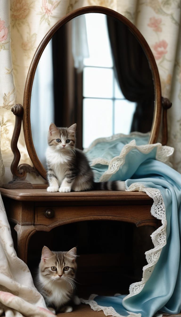 A Victorian-style painting of a fluffy tabby kitten sitting on a frilled, blue satin cushion with lace trim, gazing curi...
