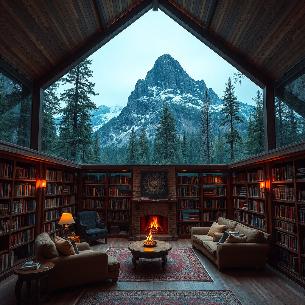 Cozy Library Inside a Forest Mountain