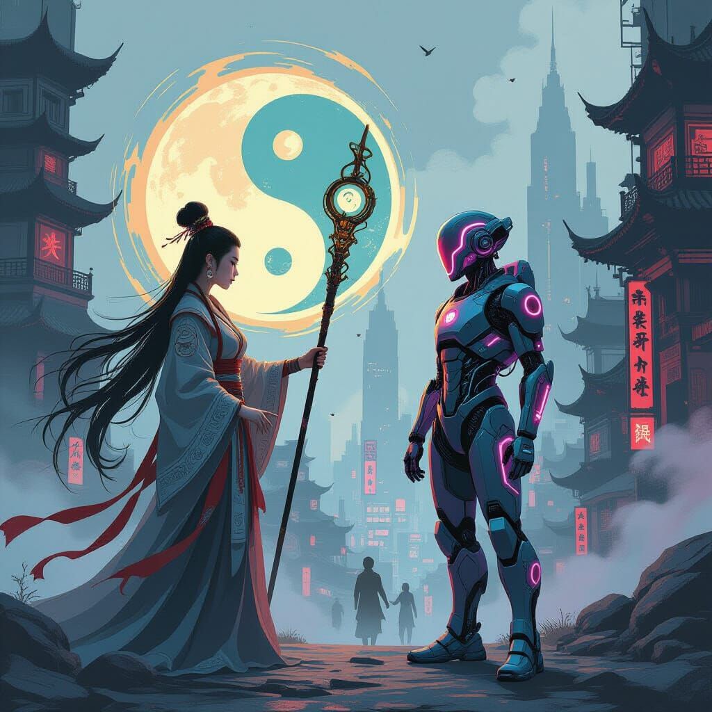 Yin Yang Mystic Versus Cyberpunk Cyborg in Dystopian City
