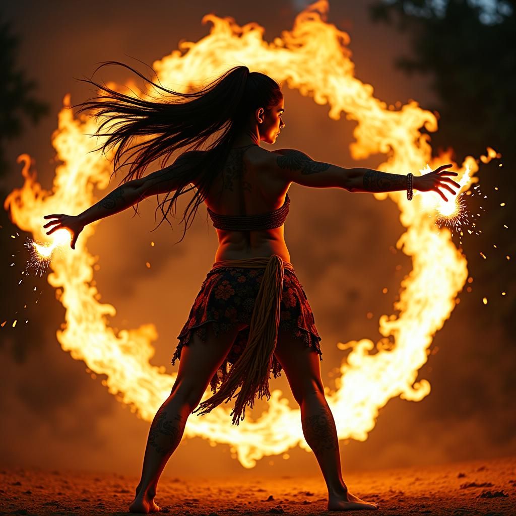 Fierce Maori Fire Dancer in Comic Book Style