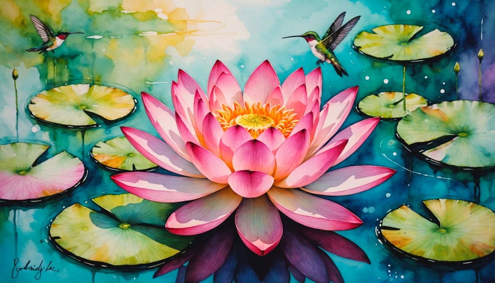 Pink Lotus and Hummingbird in Alcohol Ink