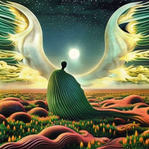 Celestial Woman in Surreal Sun and Moon Bed