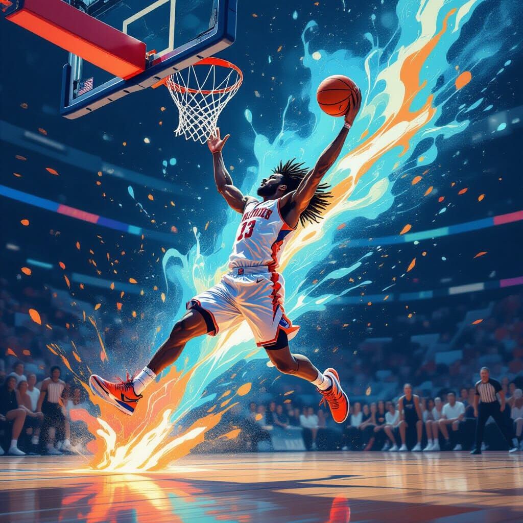 Basketball Player's Electric Slam Dunk in Futuristic Style
