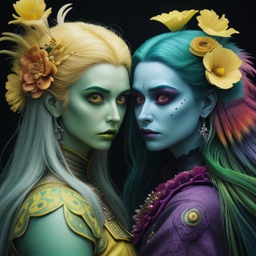 Woman with Silver Skin and Dragon Peacock in Fantasy Scene