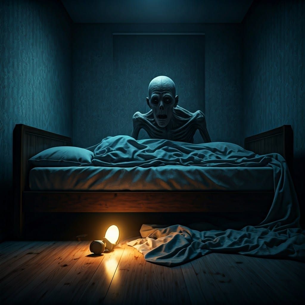 Nightmarish Entity in Dark Bedroom, Hyper-Photorealistic