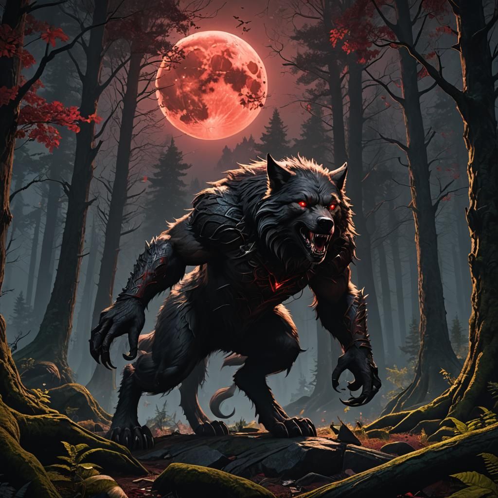 Werewolf in Forest Under Blood Moon: Detailed Matte Painting