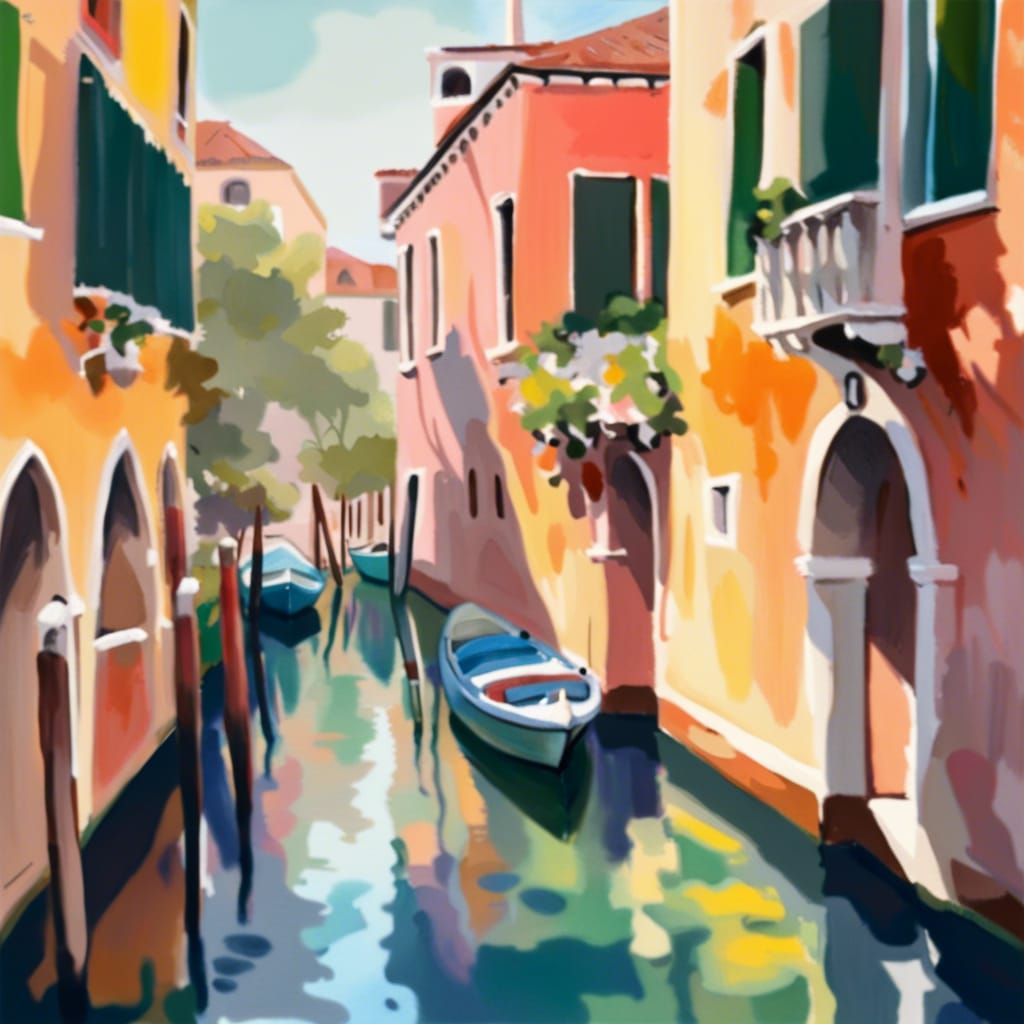 Venice Canals in Gouache Watercolor Style