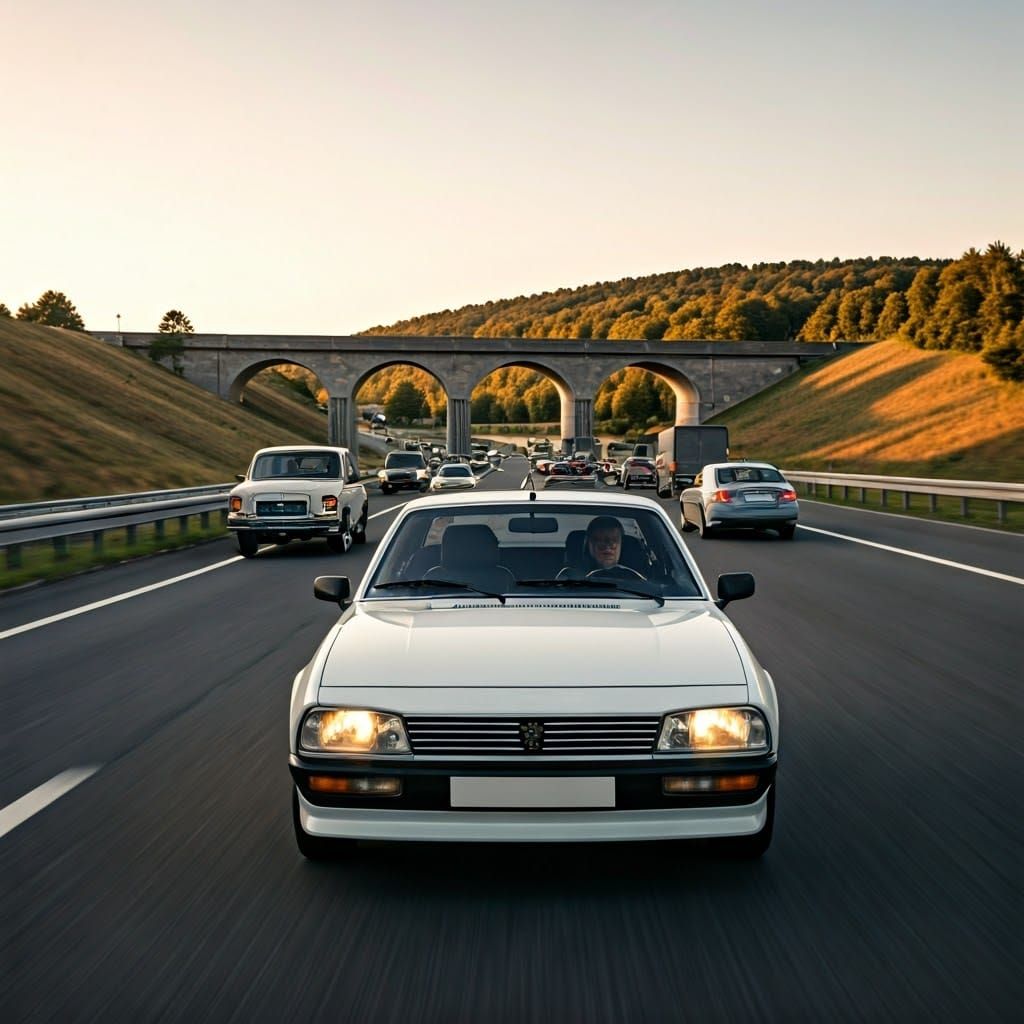 Peugeot 505 Coupé on French Motorway in the 70s