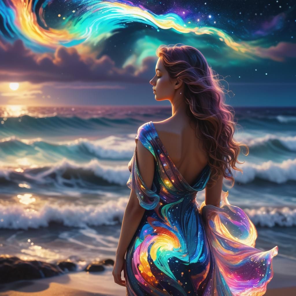 Cosmic Figure Gazing at Sea in Mixed Media Art