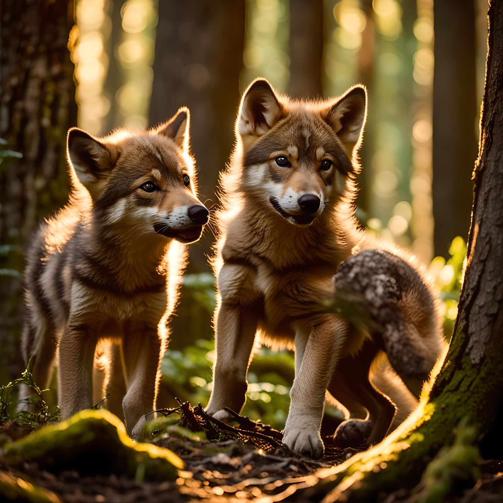 Wolf Pups in the Deep Forest