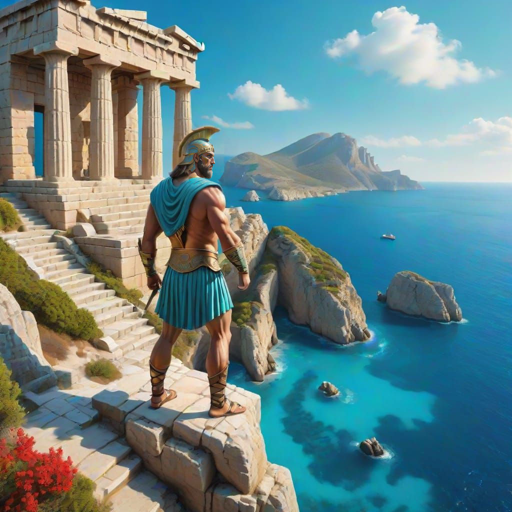 Greek Warrior at Temple Overlooking Turquoise Sea