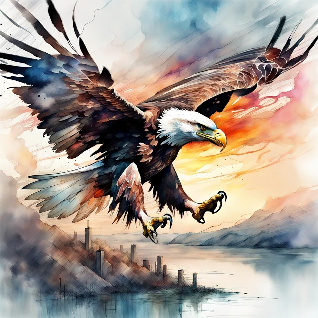 Watercolor Eagle Diving in Sunset Fantasy Landscape
