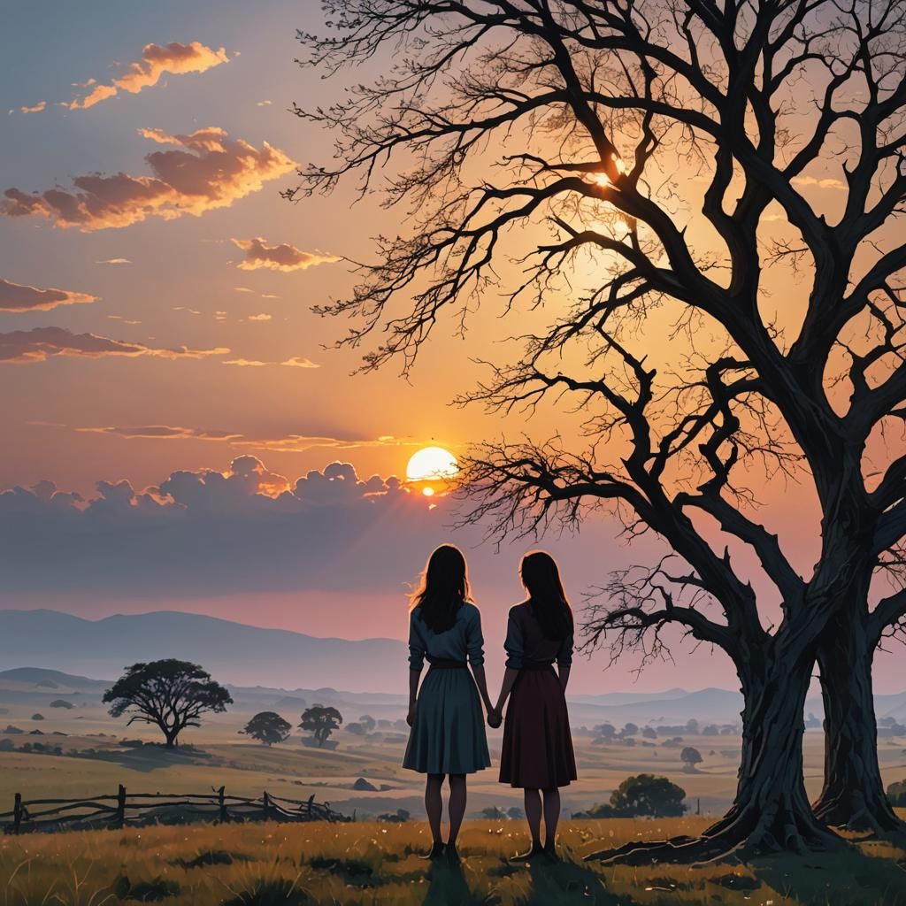 Sunset Silhouette: Woman and Girl by Lone Tree