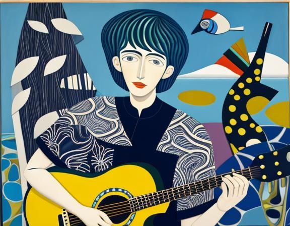 Boy Plays Guitar in Surreal Pop Art Style