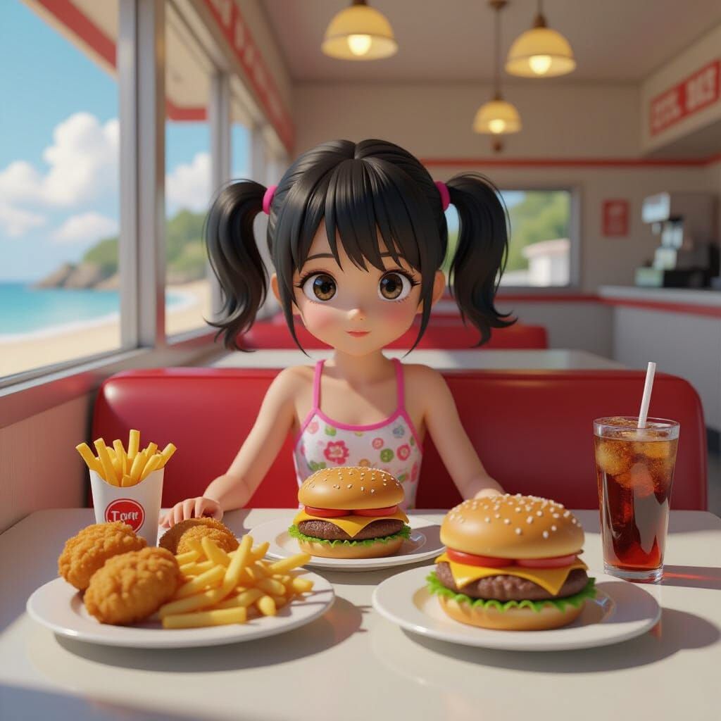 Anime Girl Eating Fast Food at Beach Diner