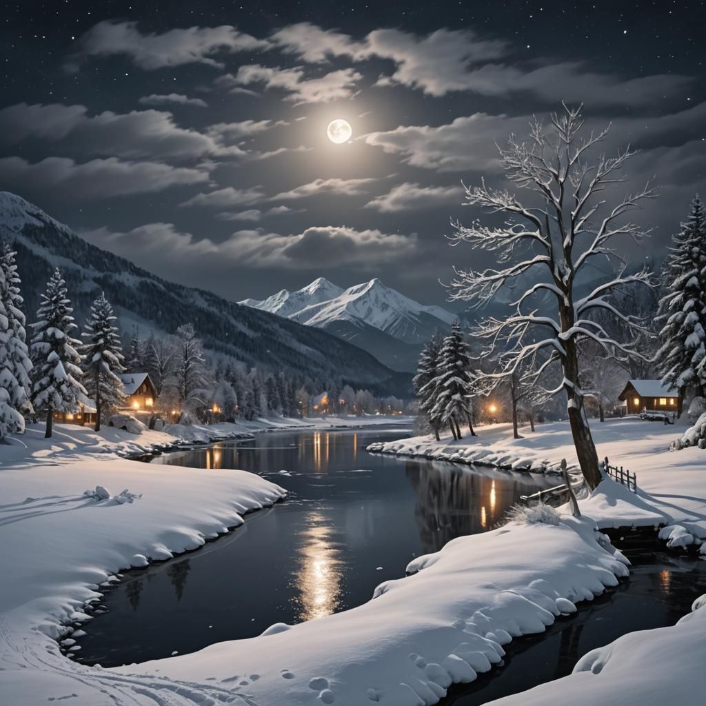 Snowy Winter Landscape with Moon in Impressionist Style