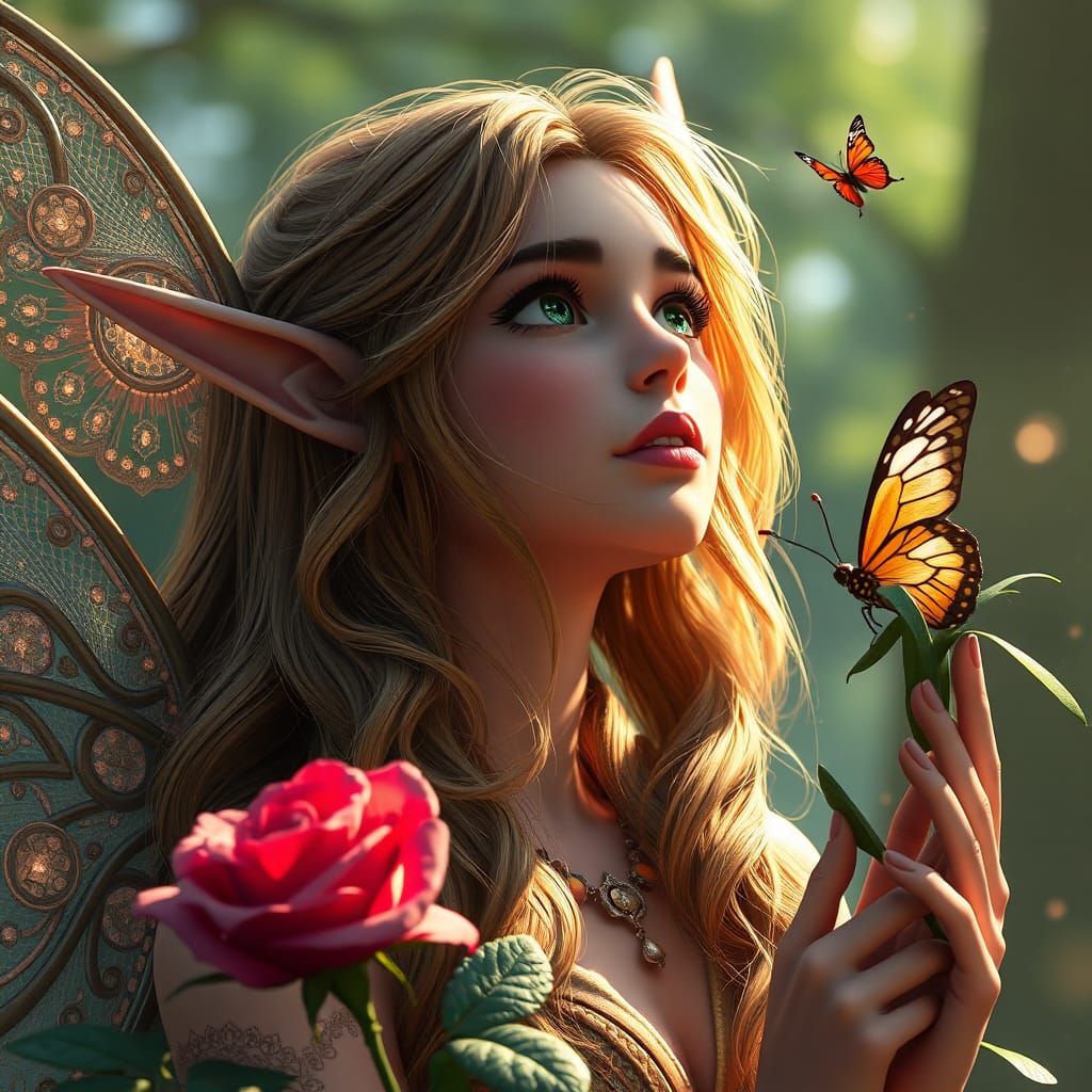 Elf Queen on Rose With Butterfly in 3D Render