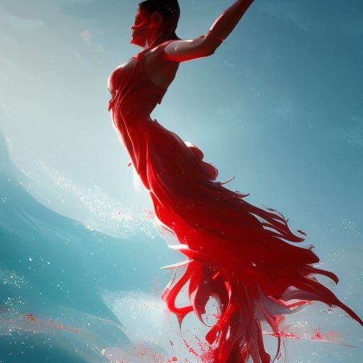 Woman Diving into Ocean in Flowing Red Dress