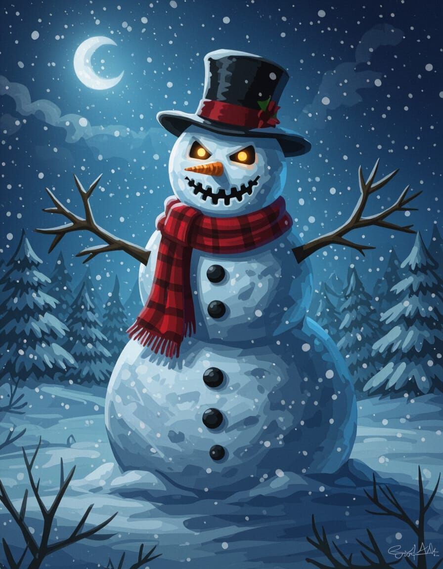 Scary Snowman in Winter Wonderland Digital Painting