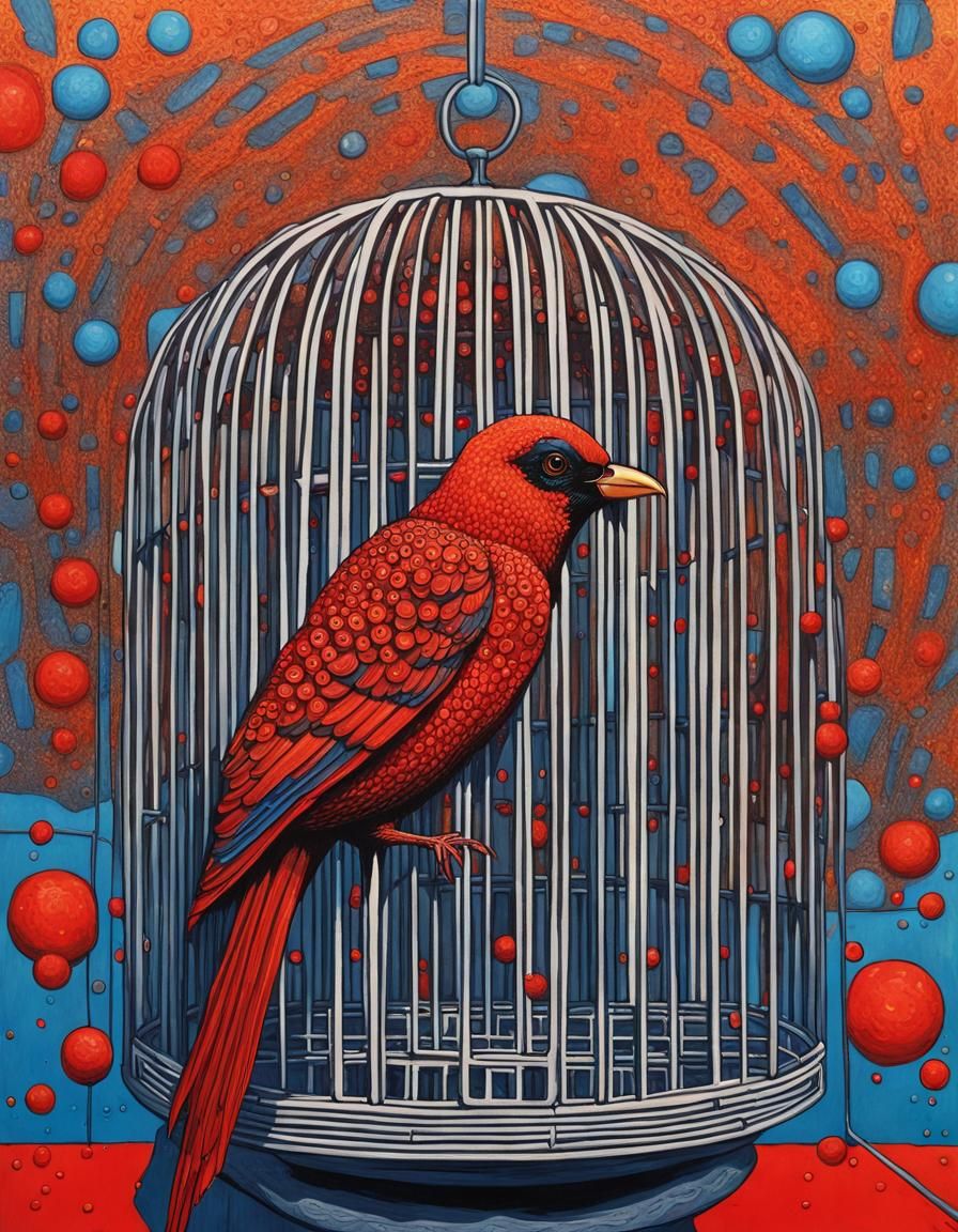 Cyberpunk Exotic Bird in Cage, Colorful Concept Art