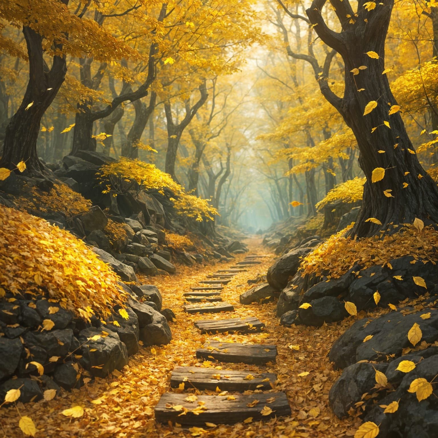 Autumn Forest Path with Golden Leaves