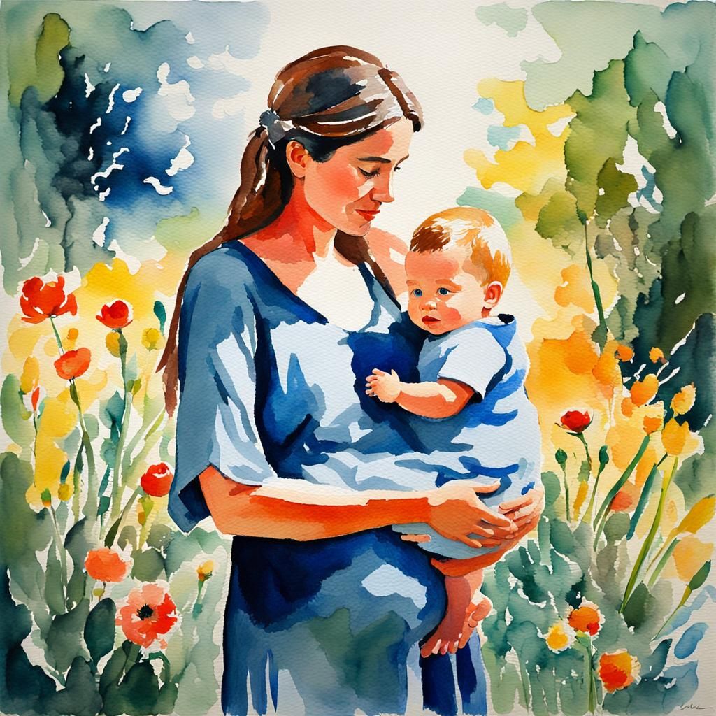 Motherhood in Gouache Style Watercolor