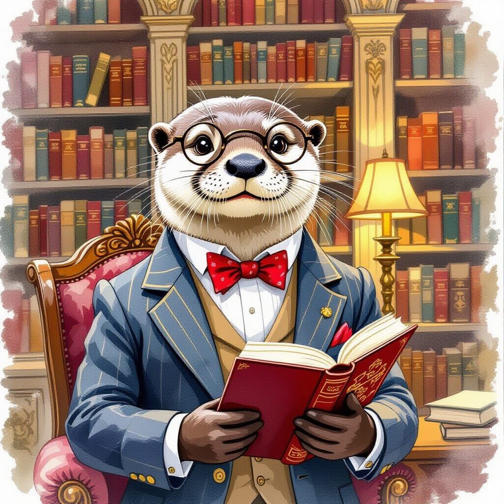Otter Gentleman in Library Watercolor Painting