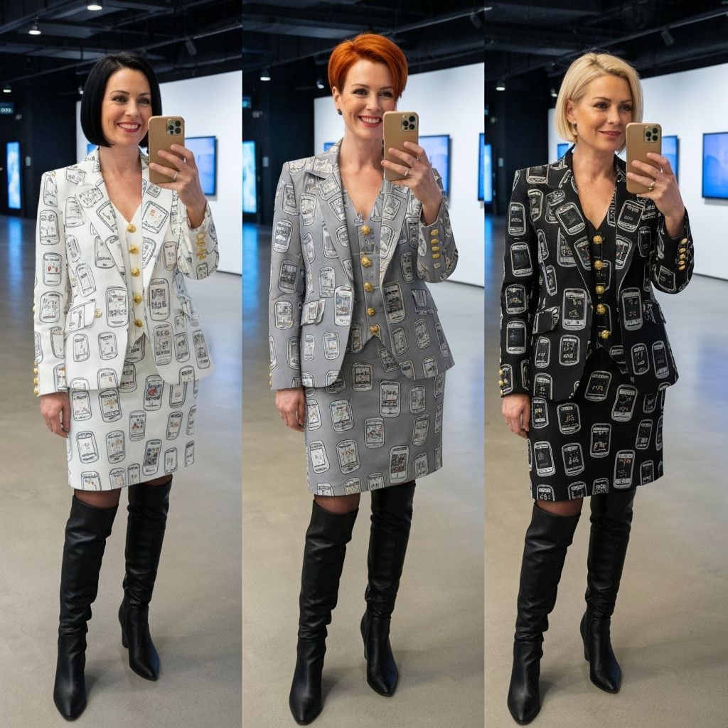 Businesswomen in Cell Phone Patterned Suits Taking Selfies