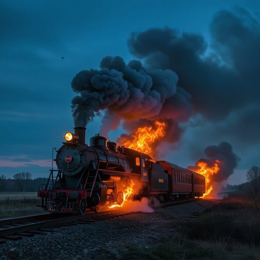 Burning Train Derailment Under Dark Skies