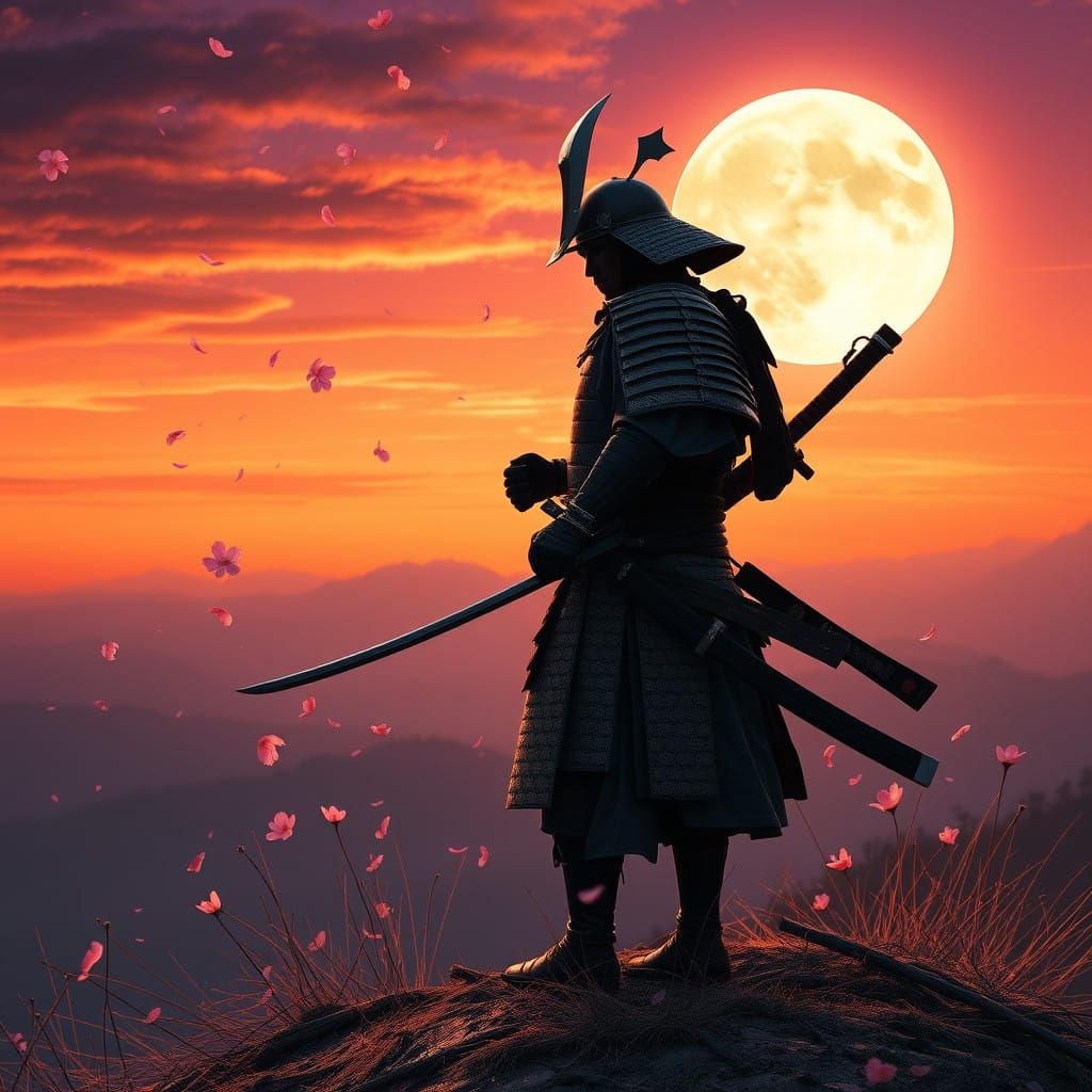 Samurai in a Futuristic Cherry Blossom Landscape