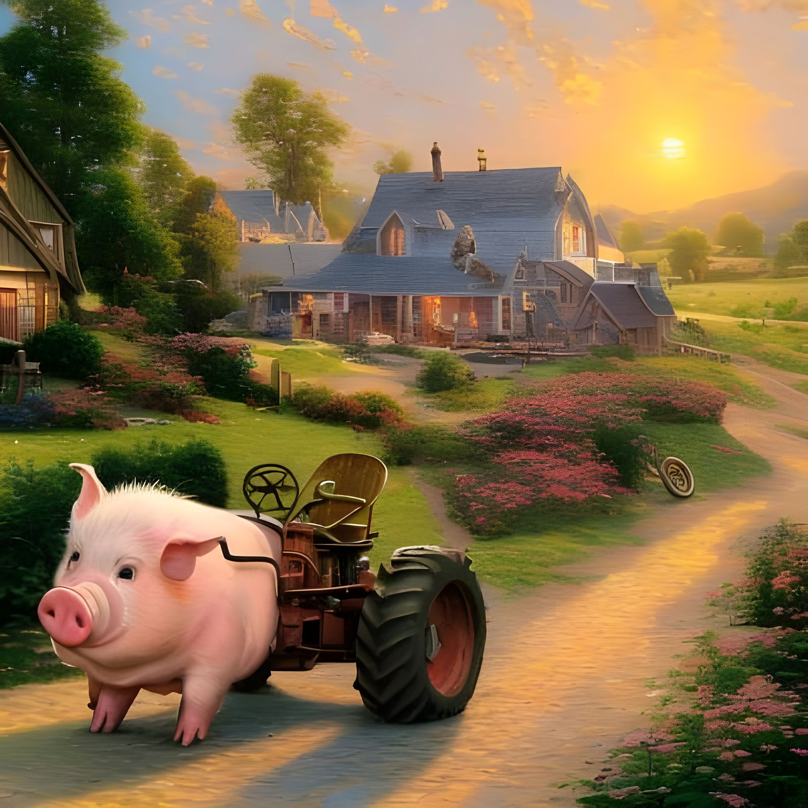 Happy Pig Tractor in Golden Hour Landscape