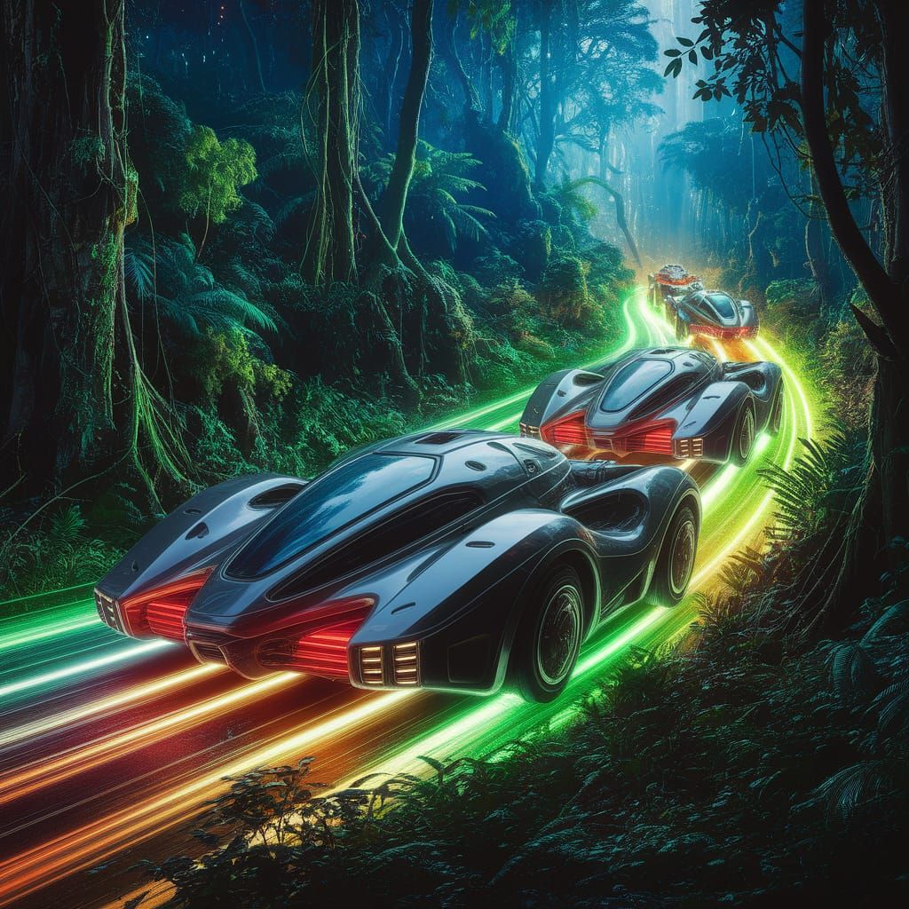 Futuristic Convoy Glides Through Bioluminescent Rainforest