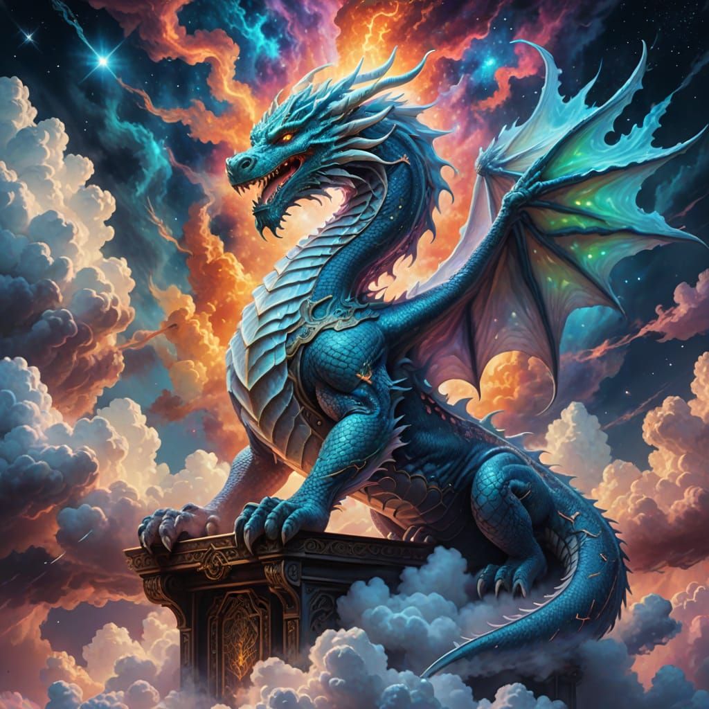 Cosmic Dragon King on Cloud Throne in Pastel Oil