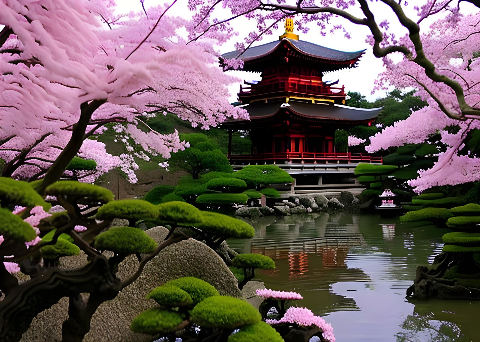 Japanese Temple with Cherry Blossoms and Water
