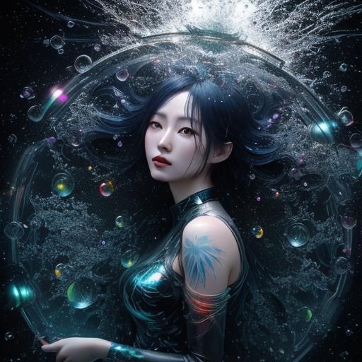 Woman in Pond with Rainbow Bubbles, Ink Art