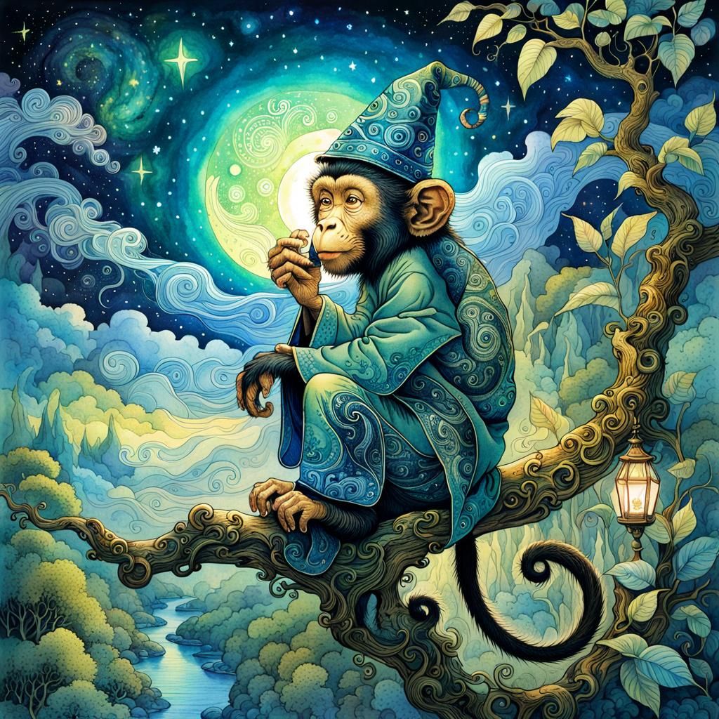 Monkey Wizard Watching Night Sky, Watercolor Illustration