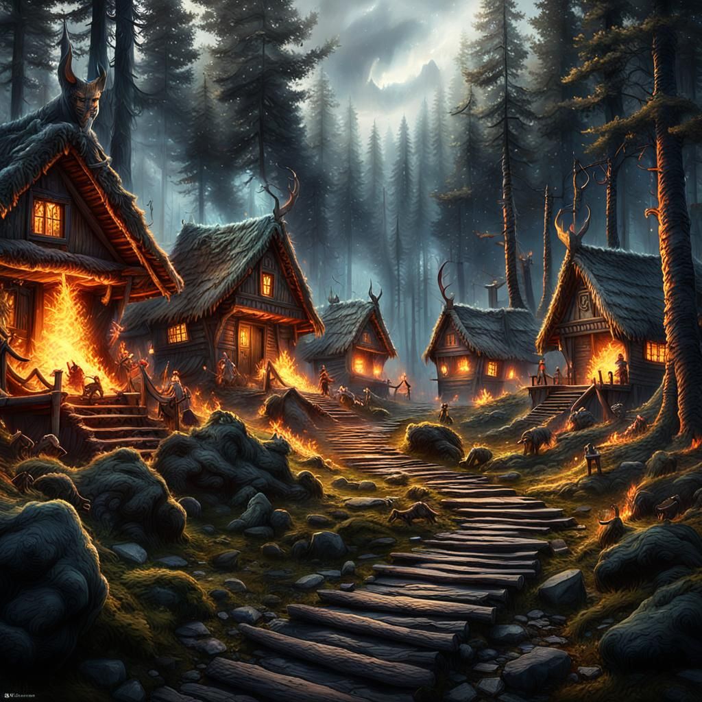 Vikings Raid Forest Village: Dramatic Digital Painting