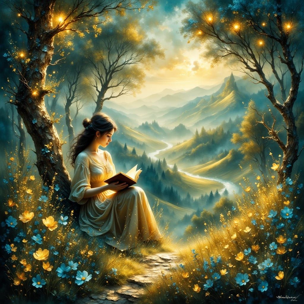 Woman Reading Book in Dreamlike Fantasy World