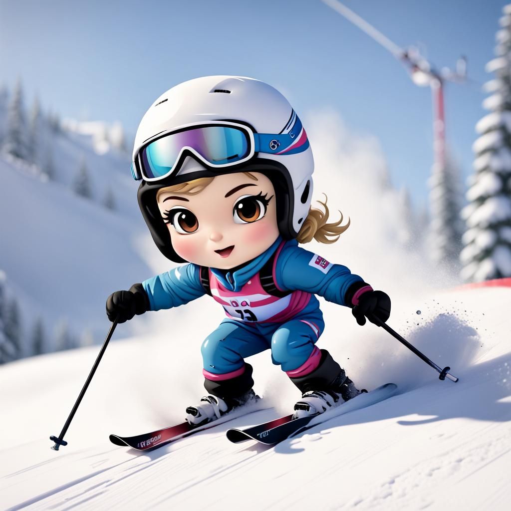 Chibi Skier Powder Turn on Slalom Course