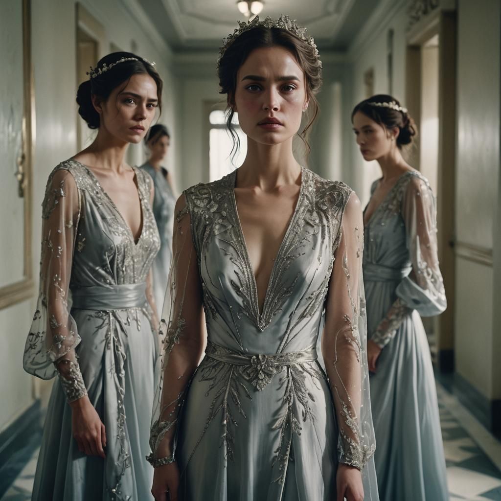 Three-Faced Woman in White Hallway, Cinematic Still
