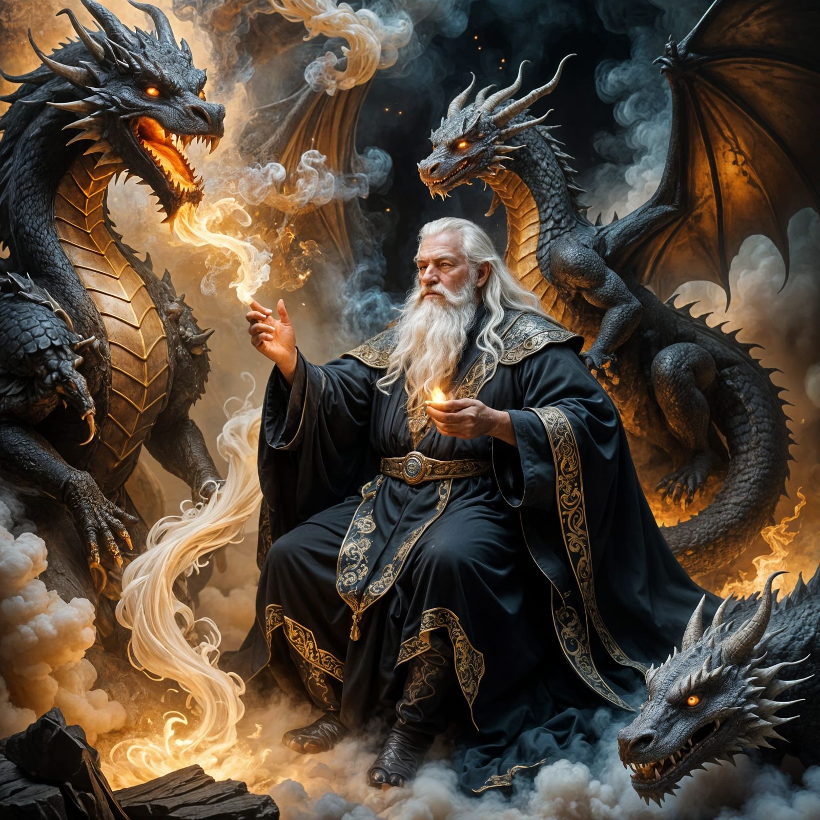 Magical Wizard Confronts Sleeping Dragon in Hyperrealistic A...