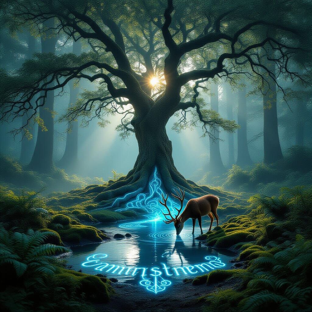 Misty Forest Dawn Photograph with Magic Runes