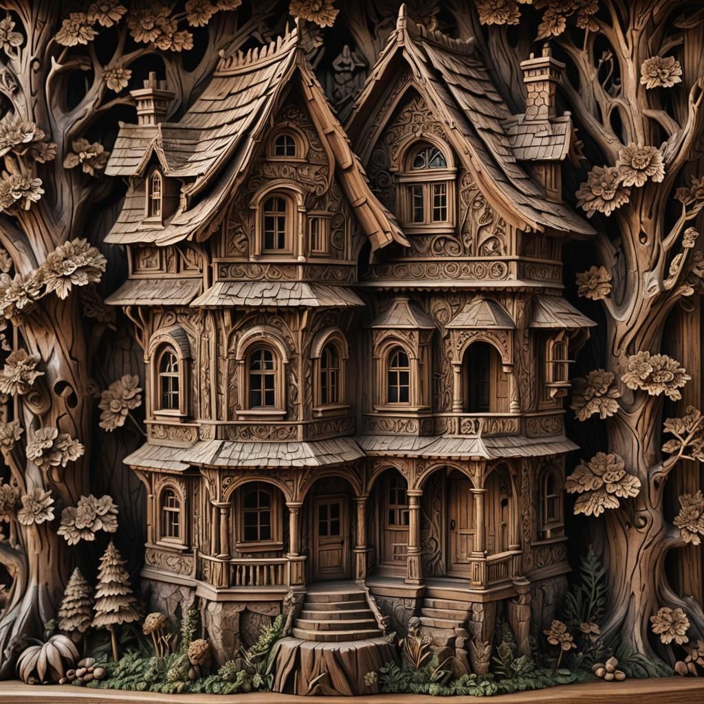 Intricate Wood Carving of a House in HDR