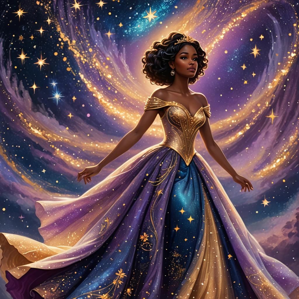 Celestial Black Woman in Starry Ball Gown