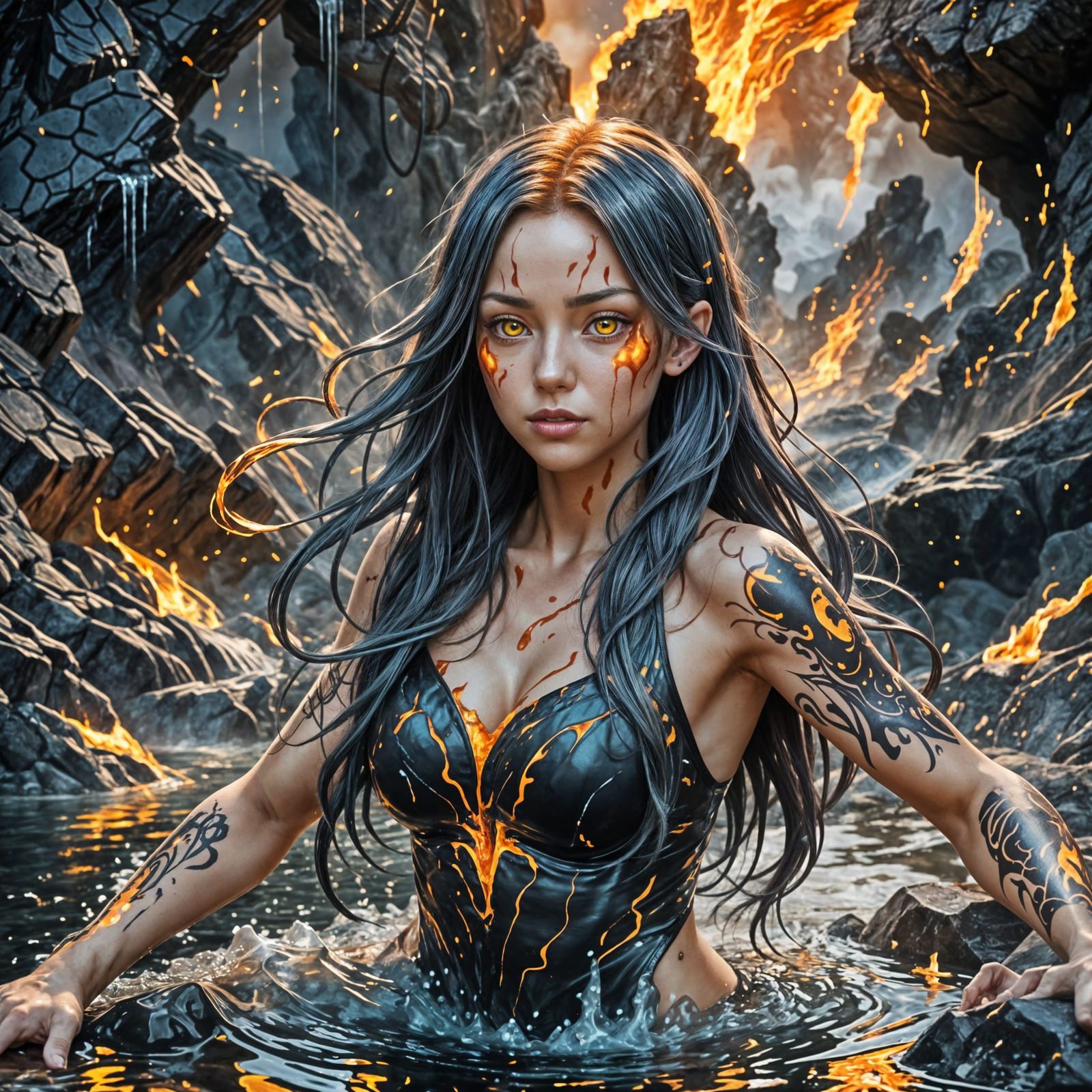 Anime Girl Splashing in Magma Pond with Volcanic Backdrop